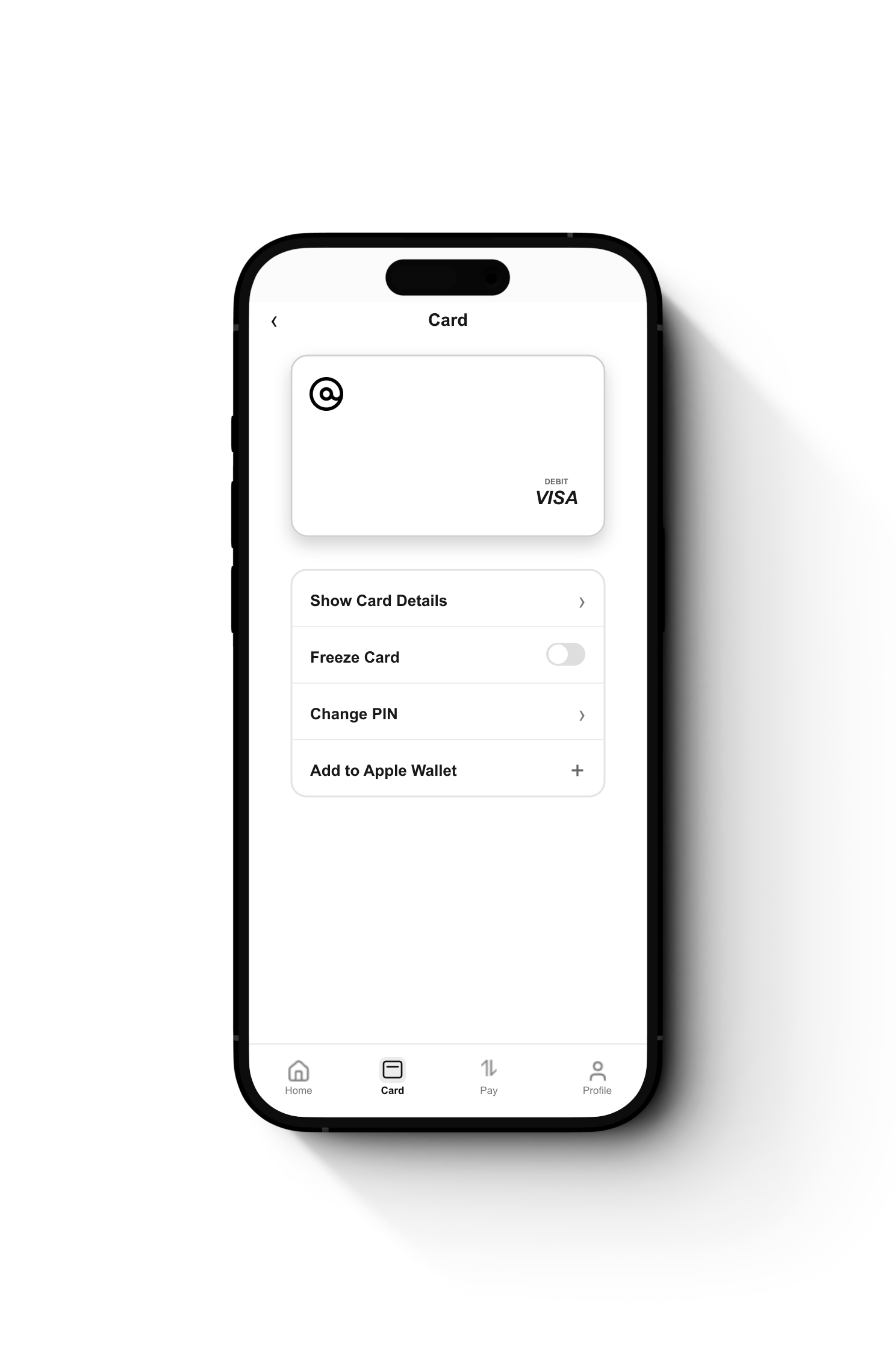 Atcash card management screen showing card details, freeze card, PIN, and Apple Wallet controls.
