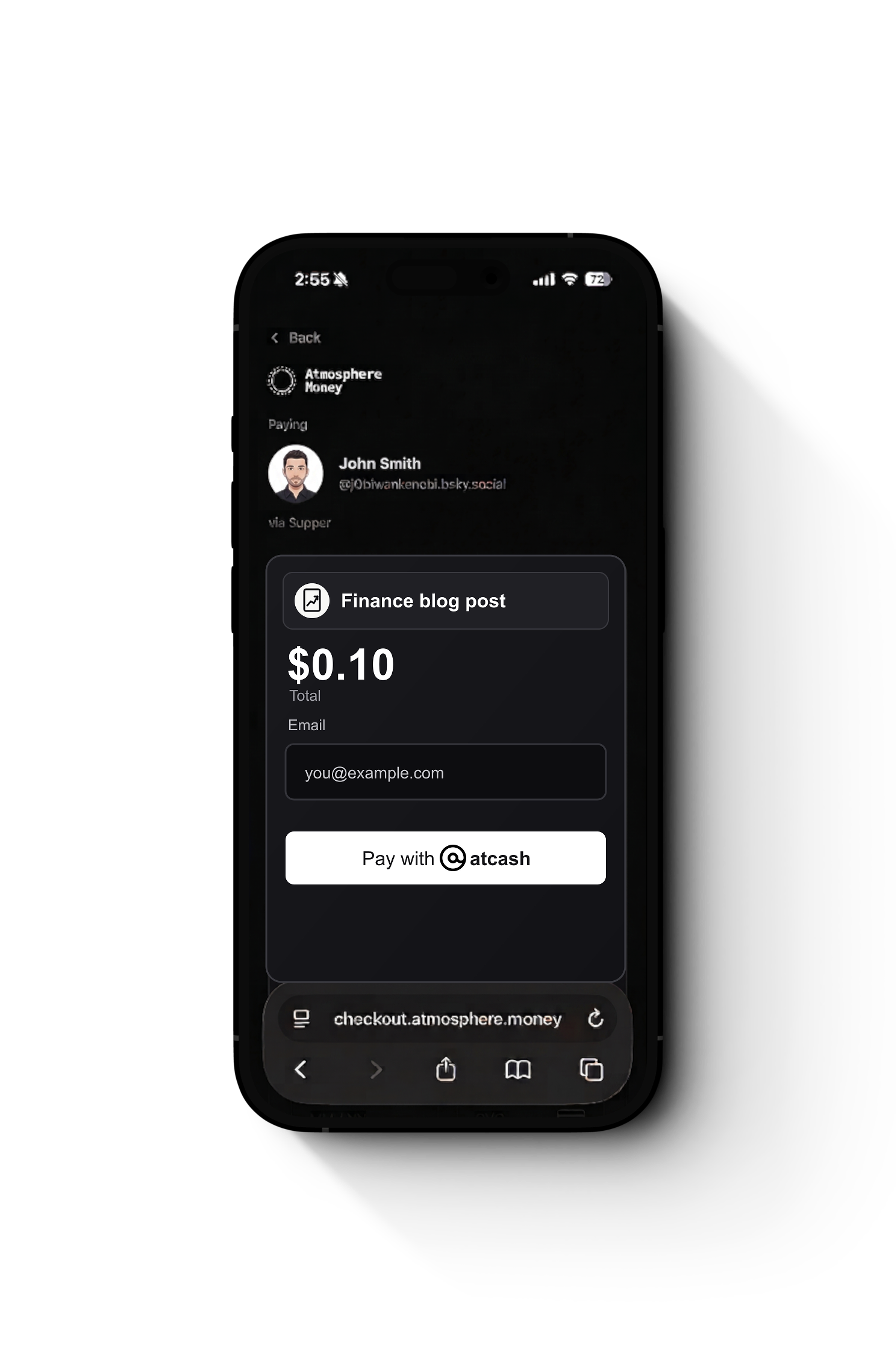 Checkout screen with the option to make a small digital purchase using atcash.