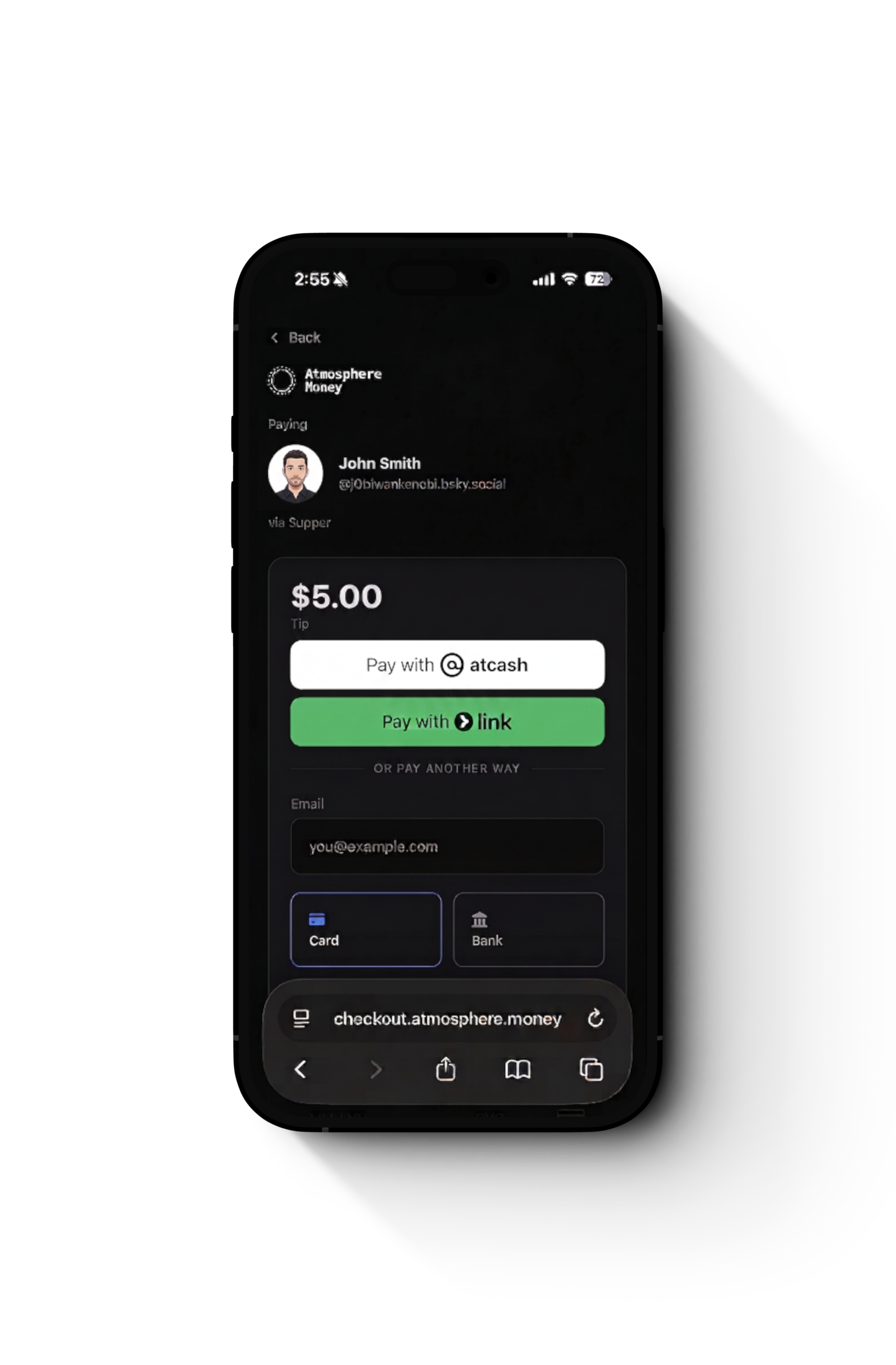 Checkout screen with the option to pay with atcash.