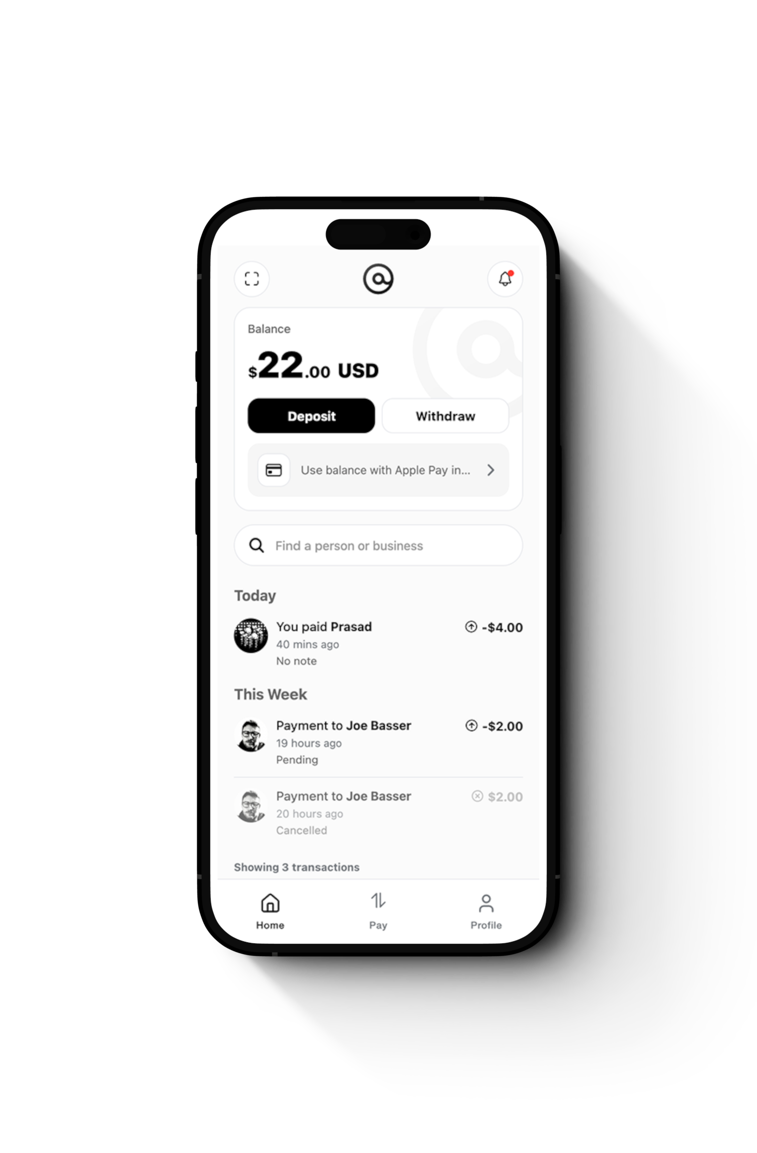 Atcash home screen showing balance, deposit, withdraw, and recent transactions.