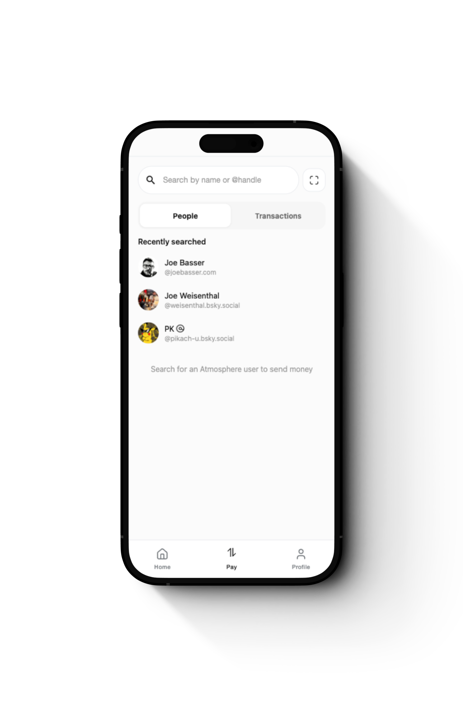Atcash search screen for finding people by name or @handle.